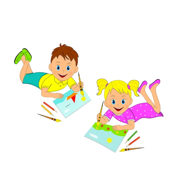 Мальчик и девочка рисуют — стоковый вектор