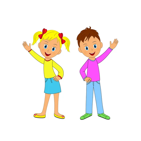 Jongen en meisje glimlachen en zwaaien hun hand — Stockvector