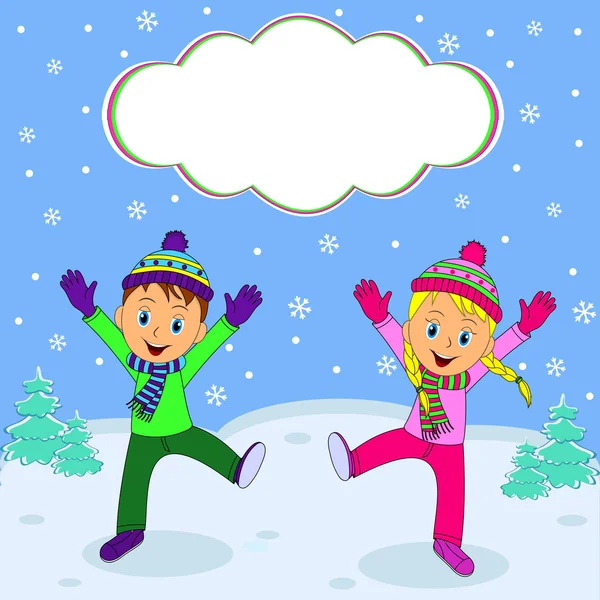 Chlapec a dívka s úsměvem a s rukama vyskočil v zim — Stockový vektor