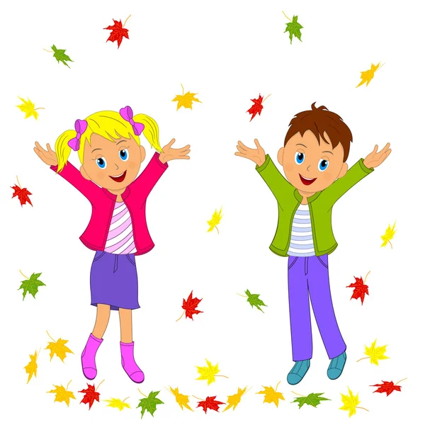 Niño y niña y hojas de otoño — Vector de stock