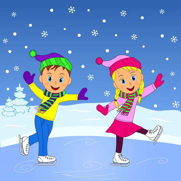 Chłopiec i dziewczynka na łyżwach — Wektor stockowy