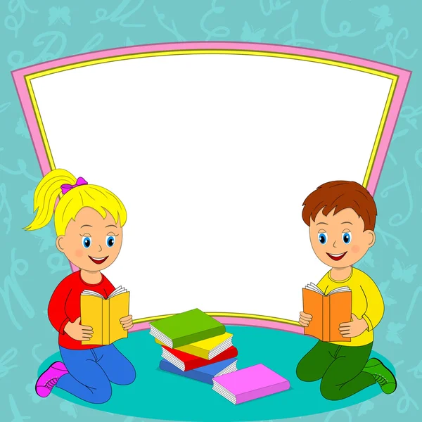 Girl and boy read the book and frame — Stock Vector