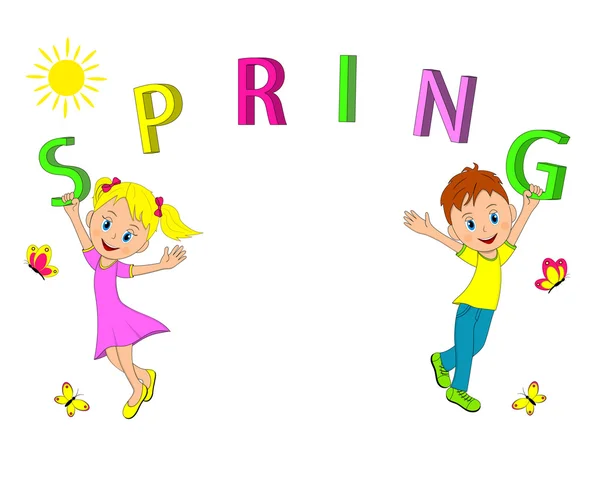 Concepto springr. niño y niña moscas sosteniendo letras — Archivo Imágenes Vectoriales