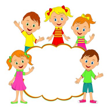 Çocuk çerçeve. Çocuklar, çocuklar ve kız gülümseyerek ve sallayarak