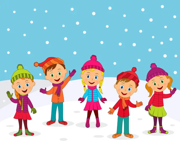 Niños y niñas en invierno — Vector de stock