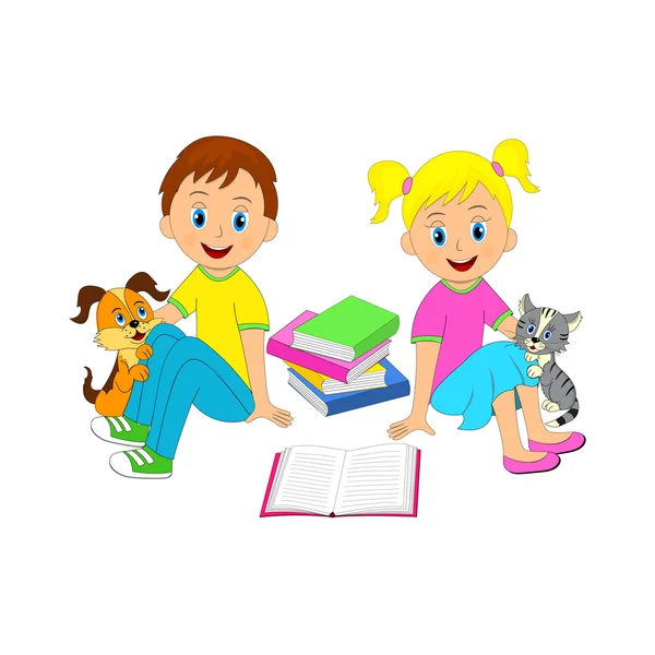 Boy,girl, cat and dog with book — Stock Vector