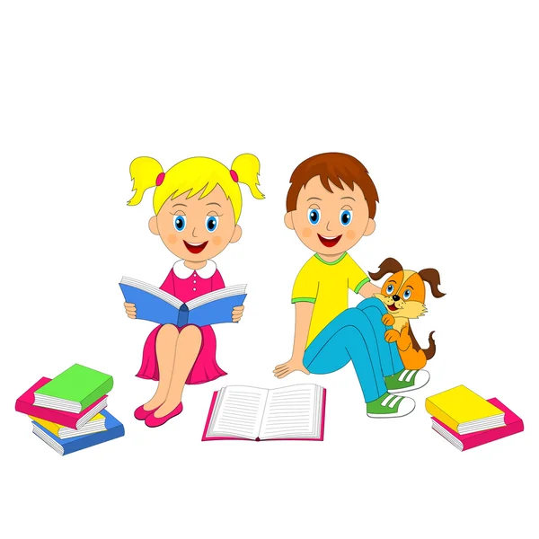 Junge, Mädchen und Hund mit Buch — Stockvektor