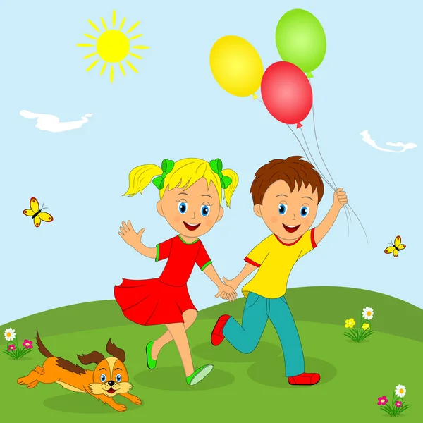ボール、女の子を走っている犬と少年 — ストックベクタ