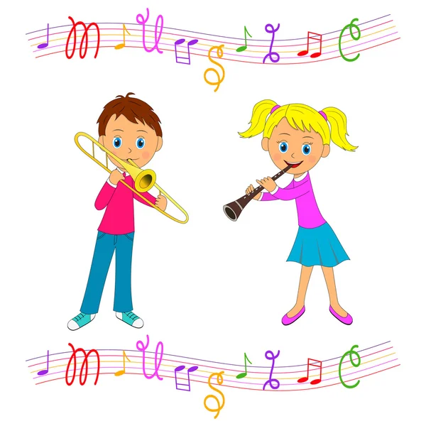 Niño y niña tocar instrumentos musicales — Vector de stock