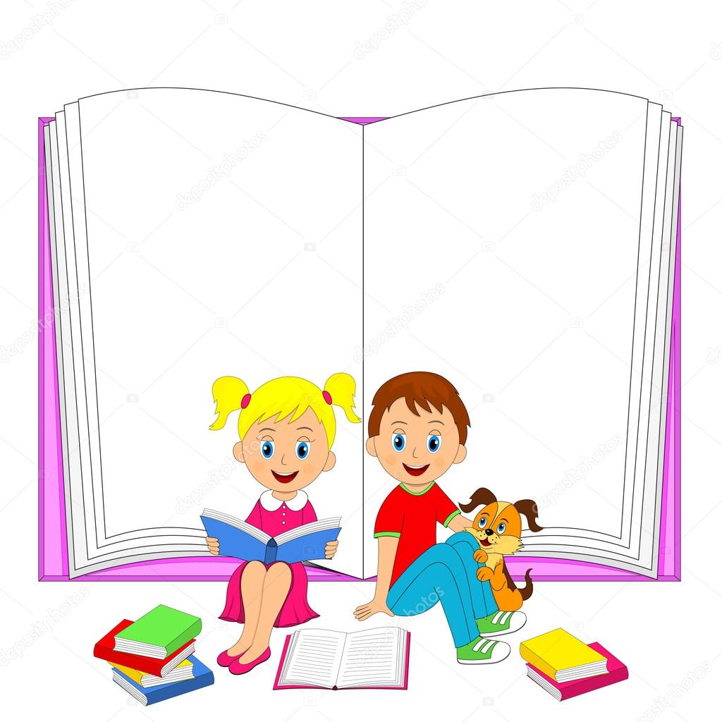 children,boy,girl and dog with book