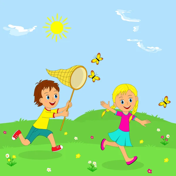 Junge und Mädchen rennen durch eine Wiese — Stockvektor