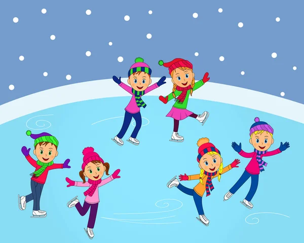 Jungen und Mädchen beim Eislaufen auf der Eisbahn — Stockvektor