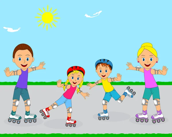Счастливая семья на роликовых коньках — стоковый вектор