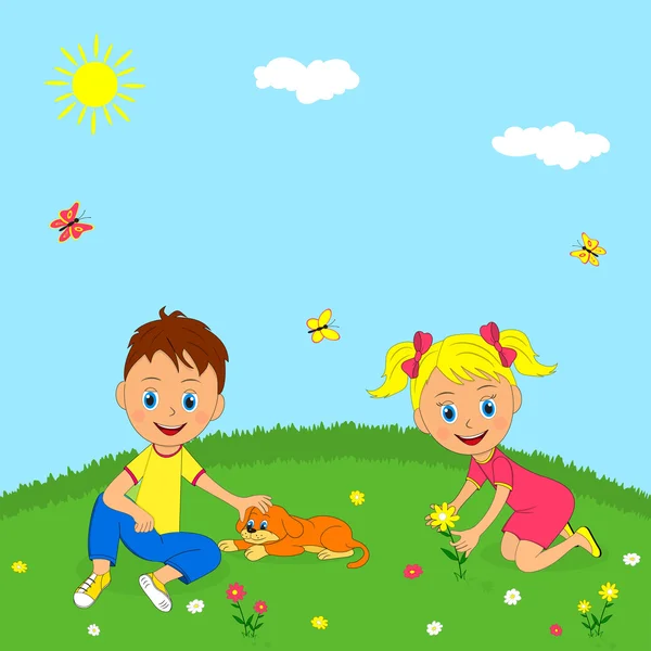 Boy, girl and dog on a meadow — Stock Vector