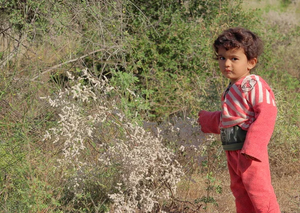 Ein Wunderschönes Indisches Kind Steht Wald Und Blickt Die Kamera — Stockfoto