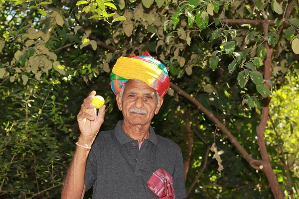 Gros Plan Portrait Agriculteur Origine Indienne Portant Turban Coloré Sur Photos De Stock Libres De Droits