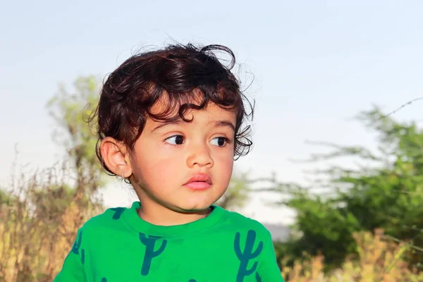 Yakın çekimde, dışarıda poz veren şirin bir Hintli erkek çocuğun portresi ve dışarıda yeşil doğanın bulanık arka planı.