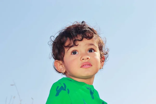 Низкий Угол Крупный План Портрет Милый Умный Маленький Индийский Мальчик — стоковое фото