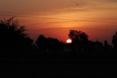 Tam yuvarlak sarı parlak güneş ve loş güneş ışığı, siluet vahşi ağaçların arkasında günbatımı ve küçük tepe, açık ve saf atmosferde güneşin tam parlaklığı ve keskinliği