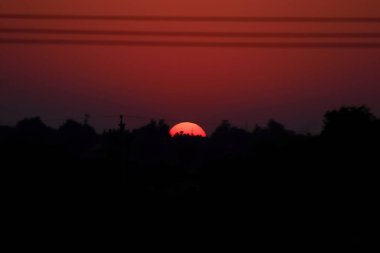 Tam yuvarlak sarı parlak güneş ve loş güneş ışığı, siluet vahşi ağaçların arkasında günbatımı ve küçük tepe, açık ve saf atmosferde güneşin tam parlaklığı ve keskinliği