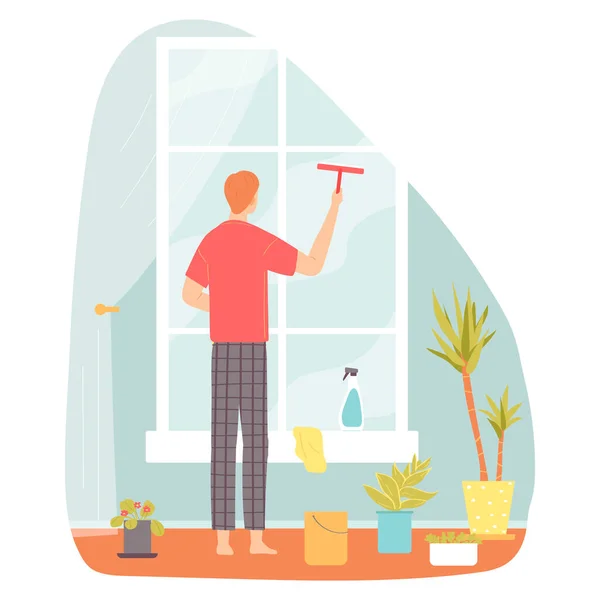 Junger Mann Beim Fensterputzen Hauswirtschaftskonzept Flache Illustration Für Banner Poster — Stockvektor