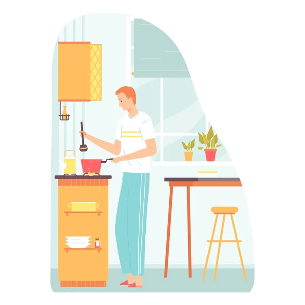 Brown Haired Man Cooking Kitchen Housework Concept Vector Illustration Banners — Stock Vector