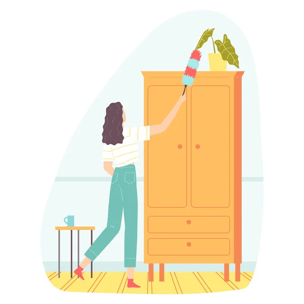 Junge Frau Staubt Mit Hilfe Von Putzfeger Hauswirtschaftskonzept Flache Illustration — Stockvektor