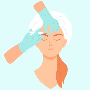 Güzellik uzmanı genç bir kadının alnına iğne yapıyor. Botoks ve dolgu iğneleri. Güzellik salonunda kozmetik ameliyatı. Düz bir şekilde vektör illüstrasyonu.