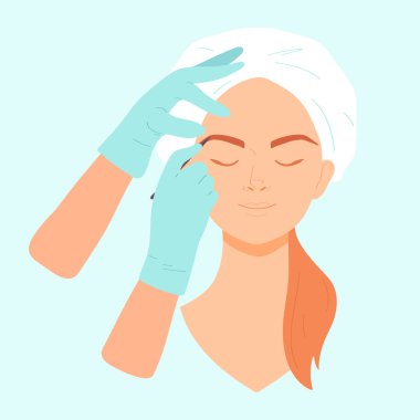 Güzellik uzmanı kadınların kaş şeklini düzeltir. Güzellik salonunda kozmetik ameliyatı. Düz bir şekilde vektör illüstrasyonu.