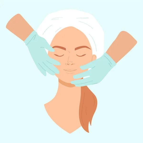 Estetista fa massaggio facciale ad una giovane donna. Procedura cosmetologica in un salone di bellezza. Illustrazione vettoriale in stile piatto. — Vettoriale Stock