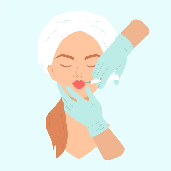 Cosmetologist enlarges lips of young woman. Lip filler injections. Hyaluronic acid. Cosmetological procedure in a beauty salon. Vector illustration in a flat style. — Stock Vector