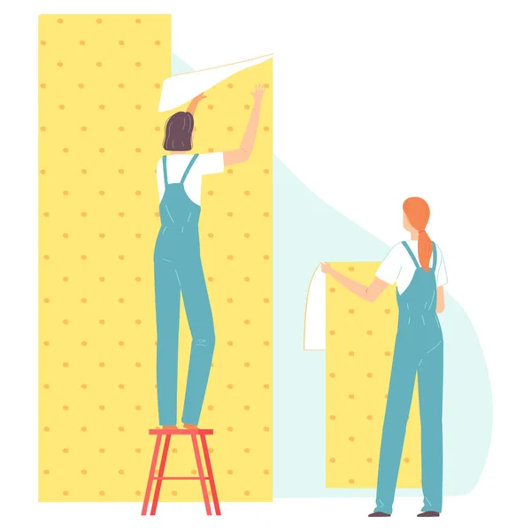 Рабочие клеят обои. Люди, делающие ремонт в доме или квартире. Мультфильм плоская женщина строитель символов. Векторная иллюстрация. — стоковый вектор