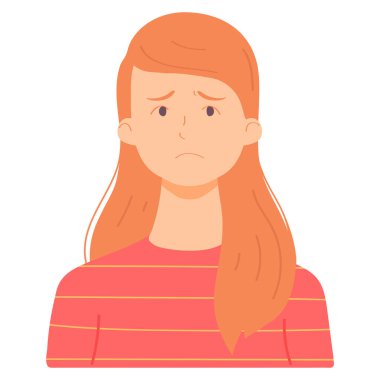 Üzgün kız avatarı. Kadınsal duygular. Beyaz arka planda izole edilmiş düz çizgi film karakteri. Vektör illüstrasyonu