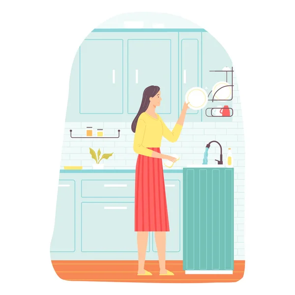 年轻的黑发女人在厨房洗碗 家务劳动的概念 明信片的矢量图解 卡通风格 — 图库矢量图片