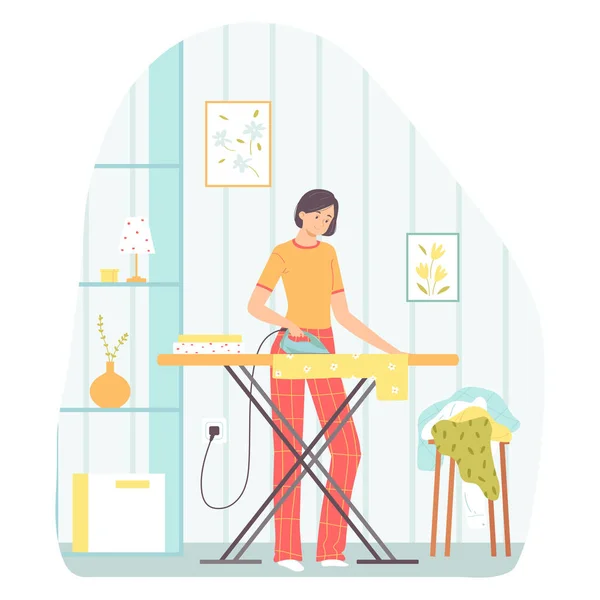 Young Brunette Woman Ironing Clothes Housework Concept Vector Illustration Banners — Stock Vector