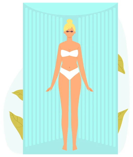 ソラリウムのブロンドの女性の日光浴 日焼けサロンで美しい女性の文字日光浴青銅肌を取得します 平面図のベクトル図 — ストックベクタ
