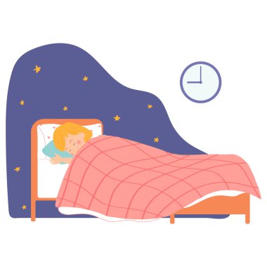 Küçük kız yatağında uyuyor. Afişler, posterler, kartpostallar için vektör çizimi. Çizgi film tarzı karakter.