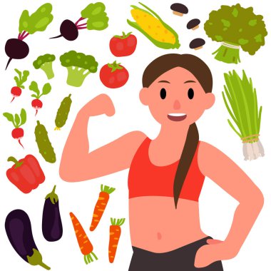 Atletik kız pazılarını gösteriyor. Taze sebzeler. Beyaz arkaplanda izole edilmiş düz biçimdeki vektör illüstrasyonu