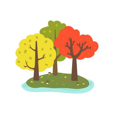 Güzel sonbahar manzarası. Beyaz arka planda izole edilmiş ağaçlar. Adadaki orman. El çizimi stili. Vektör illüstrasyonu.