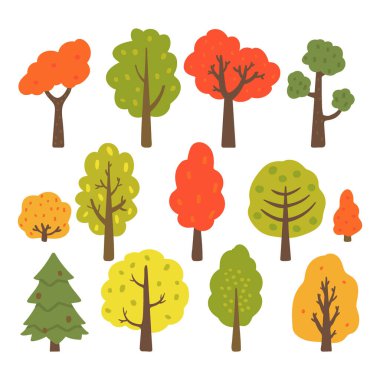 Sonbahar ağacı koleksiyonu beyaz arka planda izole edildi. Vektör çizimi. Düz