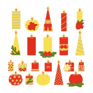 Beyaz arka planda izole edilmiş mum koleksiyonu. Noel dekoru. Vektör illüstrasyonu.