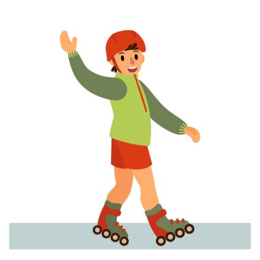 Neşeli çocuk elini sallıyor ve tekerleklere biniyor. Aktif eğlence. Vektör illüstrasyonu