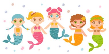 Çizgi film tarzında beyaz arka planda izole edilmiş küçük deniz kızları koleksiyonu. Vektör çizimi. Anime biçiminde karakter