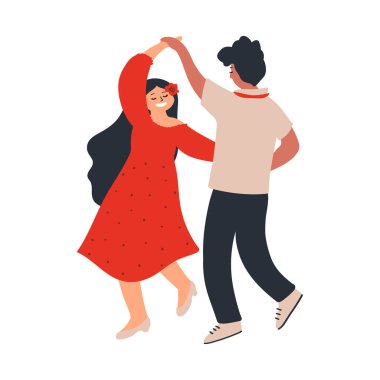 Dans eden genç bir çift. Sevgilisi ve sevgilisi. Beyaz arkaplanda izole edilmiş karakterler. El çizimi düz biçimdeki vektör illüstrasyonuName