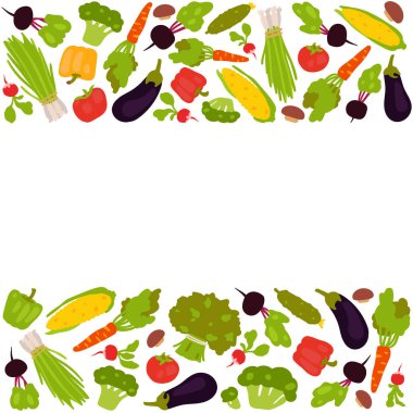 Düz dizayn tarzında taze sebze çerçevesi beyaz arka planda izole edilmiş. Vektör illüstrasyonu