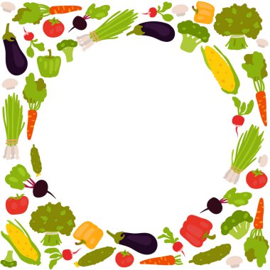 Düz dizayn tarzında taze sebze çerçevesi beyaz arka planda izole edilmiş. Vektör illüstrasyonu