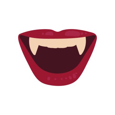 Beyaz arka planda izole edilmiş seksi vampir dudakları. Sivri dişli ağız. Cadılar Bayramı Vektörü illüstrasyonu.