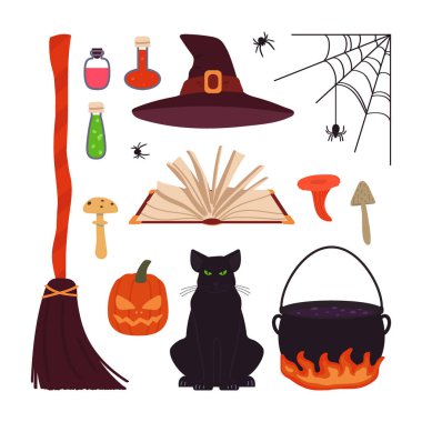 Cadılar Bayramı öğeleri beyaz arka planda izole edildi. Çizgi film tarzında vektör illüstrasyonu.
