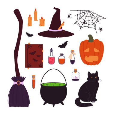 Cadılar Bayramı öğeleri beyaz arka planda izole edildi. Çizgi film tarzında vektör illüstrasyonu.