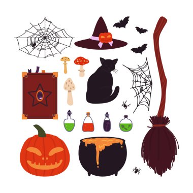 Cadılar Bayramı öğeleri beyaz arka planda izole edildi. Çizgi film tarzında vektör illüstrasyonu.